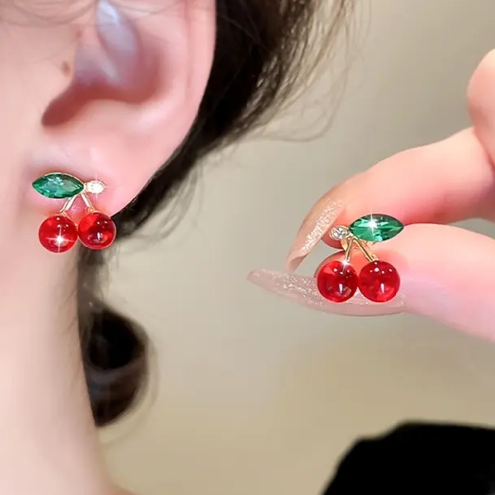Exquisitely Cute Minimalist Red Cherry With Green Leaves Stud Earrings - Picture 5 of 8